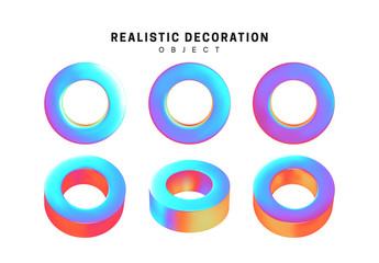 Set round ring, with hole Realistic geometric shapes with holographic color gradient. Hologram decorative design elements isolated white background. 3d objects shaped blue color. vector illustration.