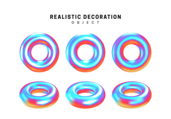 Set torus. Donut Realistic geometric shapes with holographic color gradient. Hologram decorative design elements isolated white background. 3d objects shaped blue color. vector illustration.