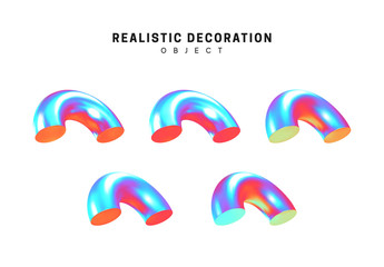 Set half torus. Donut Realistic geometric shapes with holographic color gradient. Hologram decorative design elements isolated white background. 3d objects shaped blue color. vector illustration.