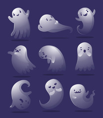 Colorful set of cute ghost. Raster illustration in flat cartoon style