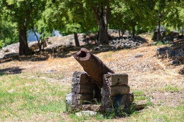 Greece, old broken cannon in Platamon Castle, a medieval Crusader Fortress