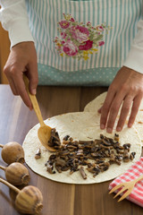 Turkish Traditional Ramadan Food Bread Lavash Gozleme serving with tea for breakfast.