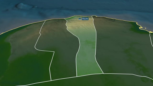Al Jabal al Akhdar - district of Libya with its capital zoomed on the physical map of the globe. Animation 3D