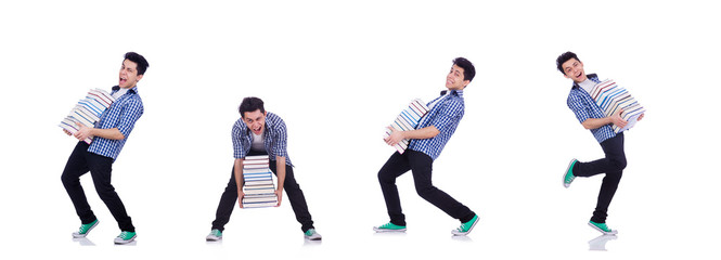 Student with lots of books on white