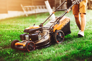 Fototapeta premium Gardening details, industrial gardener using lawnmower and cutting grass in backyard