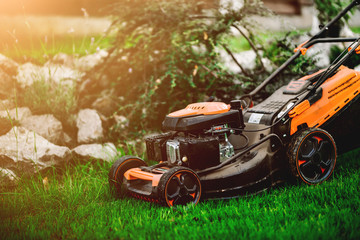 Gardening and landscaping concept - worker, gardener working with lawnmower and cutting grass in garden. - obrazy, fototapety, plakaty
