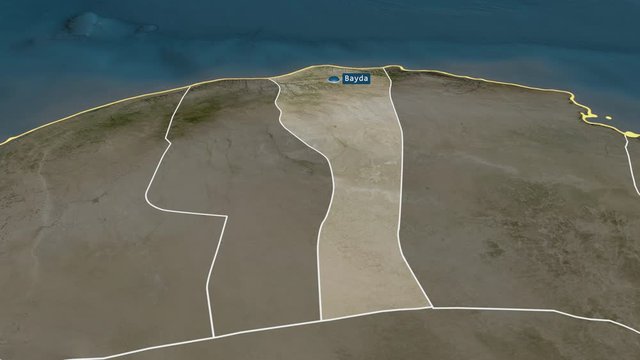 Al Jabal al Akhdar - district of Libya with its capital zoomed on the satellite map of the globe. Animation 3D