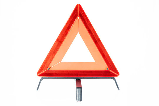 Red Triangle Of Danger For Emergencies Of Car Broken Down On Road Only With White Background. Safety