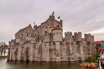 Fototapeta na wymiar The medieval castle Gravensteen (Castle of the Counts) from year 1180 in Ghent, Belgium