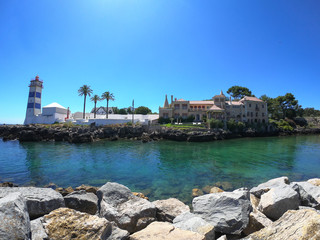Scenic view in Cascais, Santa Marta Lighthouse and Museum, Lisbon district, Portugal. August 2019