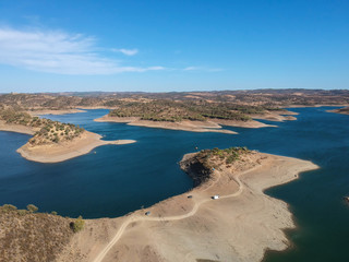 Aerial view from a dam in Alentejo Portugal, The Chanza River. Drone view