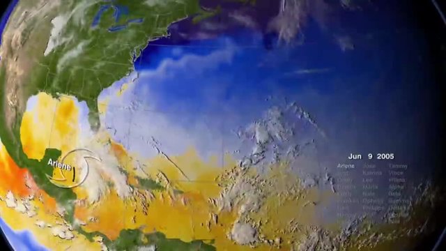 The entire Caribbean hurrican season is animated on a globe in 2005.