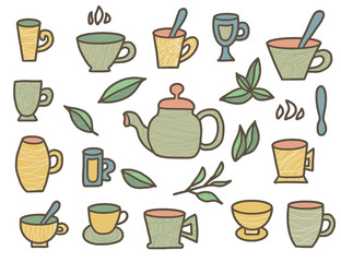 Tea set. Cups and teapots. Vector illustration.