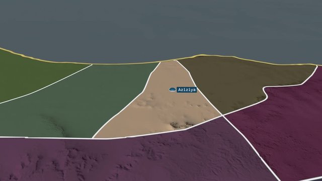 Al Jifarah - district of Libya with its capital zoomed on the administrative map of the globe. Animation 3D