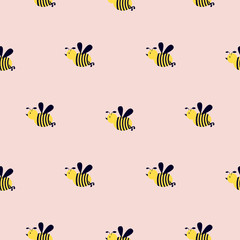 Seamless vector pattern with cute bees on a pink background.