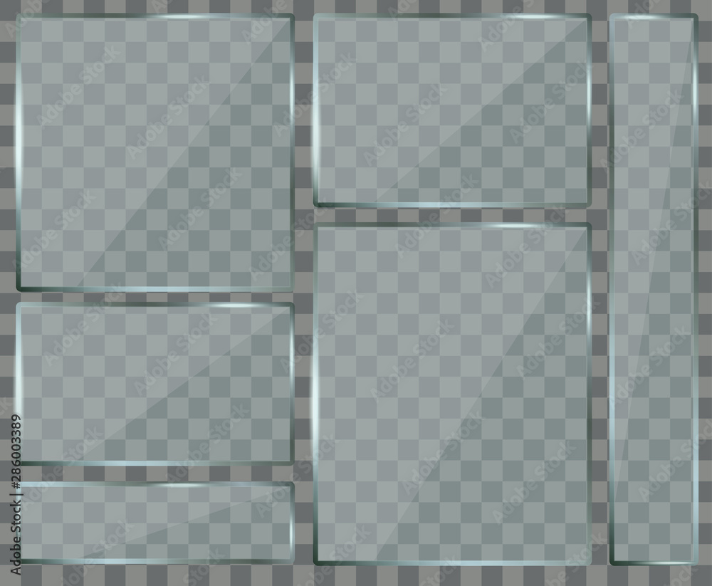 Wall mural glass plate set on transparent background. plastic banner panel on checkered backdrop. realistic glo