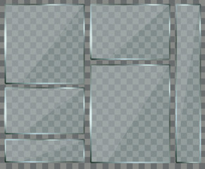 Glass plate set on transparent background. Plastic banner panel on checkered backdrop. Realistic glossy Mock-up. Vector