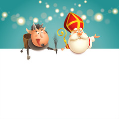 Saint Nicholas and Krampus on board - happy cute characters celebrate holidays - vector illustration