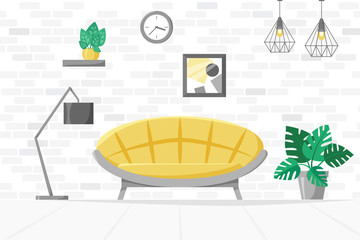 Living room in flat style, home illustration with sofa, lamp, house plants in pots, modern interior concept, vector
