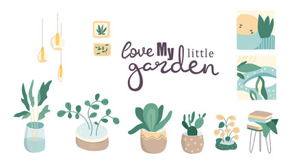 Collection of decorative houseplants isolated on white background. Bundle of trendy plants growing in pots or planters. Set of beautiful natural home decorations. Flat colorful vector illustration.