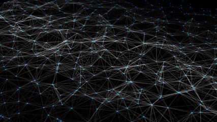 Wave with dots. Network of particles connected by lines. Grid illustration. Cosmic background. 3d rendering.