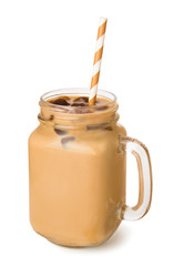 Iced coffee with milk in a glass jar isolated on white background. Summer shake.