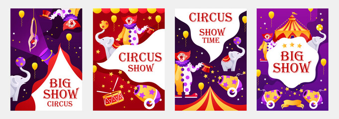Set of vector cartoon templates for circus flyers, banners, posters, covers. Children's illustration. Colorful advertising backgrounds. Promotion Show. © sweet kiwi
