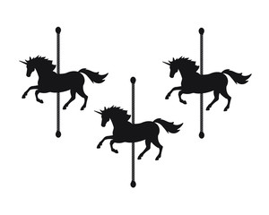 Vector flat black unicorn horse carousel silhouette isolated on white background