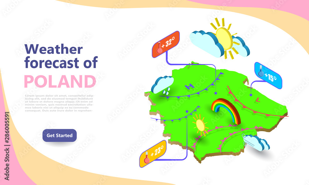 Wall mural weather forecast map of poland. isometric set icons location on country. vector widgets layout of a 