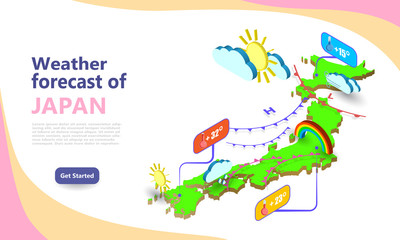 Weather forecast map of JAPAN. Isometric set icons location on country. Vector widgets layout of a meteorological application. Illustration of meteo pictograms for web, graphic, infographic design