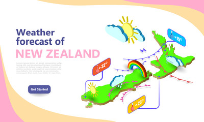 Weather forecast map of NEW ZEALAND. Isometric set icons location on country. Vector widgets layout of a meteorological application. Illustration of meteo pictograms for web, graphic, infographic - obrazy, fototapety, plakaty