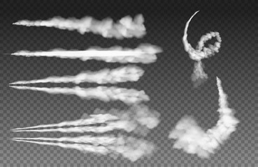 Airplane condensation trails. Plane smoke rocket stream effect airplane jet cloud flight speed burst. Sky contrail rocket condensation trailing isolated vector Illustration - obrazy, fototapety, plakaty