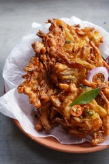 Gluten free Onion Fritters /Kerala Ulli Vada made of chickpea flour, selective focus