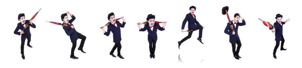 Obraz premium Funny man with umbrella on white