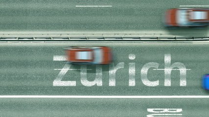 Top down view of the highway with revealing Zurich text. Driving in Switzerland intro clip