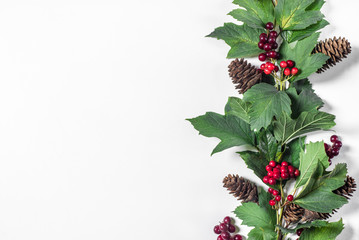 New Year and Christmas decorative ornament border, branch with red berries, green leaves and fir cones with space for text on white background