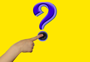 child hand with the index finger presses the button in the form of a large three-dimensional question mark, isolate on a yellow background, photograph, concept, close-up, copy space