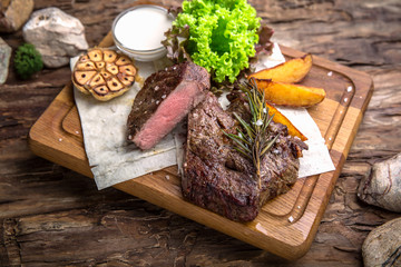 Neck steak, tenderloin or filet mignon pork or beef. Juicy tasty piece of meat. Delicious juicy...
