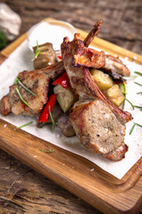 Rack of lamb. Ribs. Delicious juicy steak beef or pork. A big piece of grilled meat