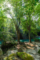 Beautiful green minerally water flows in the dense forest of Erawan National park in Thailand with some mossy rocks in the foreground