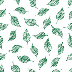 Seamless natural pattern of green leaves on a transparent background with stylization for hand-embroidered stitch