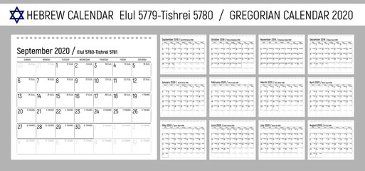 Elegant hebrew wall calendar Elul 5779 - Tishrei 5780, Gregorian 2020 year. Simple linear monochrome design. Week starts sunday. Editable vector template for print. - obrazy, fototapety, plakaty