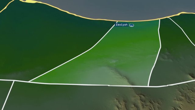 Az Zawiyah - district of Libya with its capital zoomed on the physical map of the globe. Animation 3D