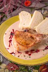 Oven Baked rabbit legs or shoulder lamb or pork with mushrooms in creamy mustard sauce. Beautiful stylish menu. 