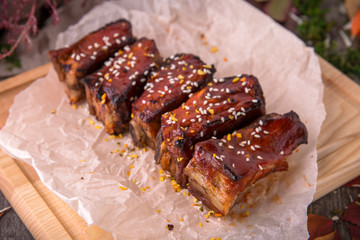 Grilled Pork Ribs. Tasty juicy meat with spicy tomato sauce
