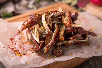 Snack to beer: lard, smoked pork ears, bacon, bastrum spicy, tasty, aromatic