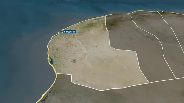 Benghazi - district of Libya with its capital zoomed on the satellite map of the globe. Animation 3D