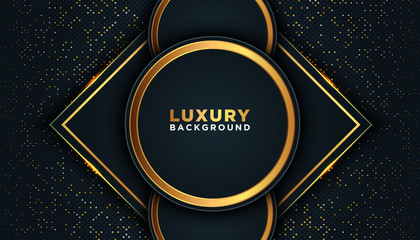Dark abstract background with overlap layers. golden glitters dots element decoration. Luxury design concept.