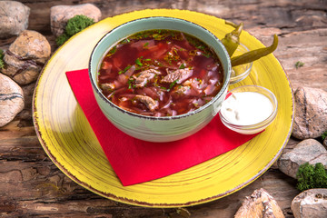 Red borsch with sour cream. Beetroot soup First course.  Liquid diet.