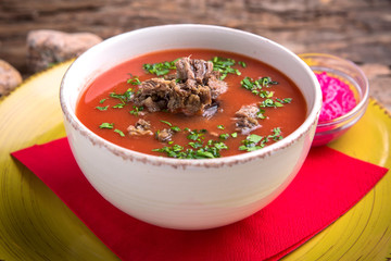 Red borsch with sour cream. Beetroot soup First course.  Liquid diet.